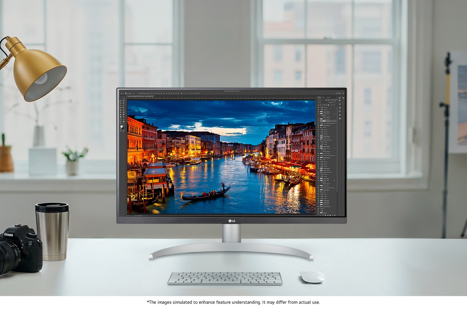 LG Monitor 27UP850K in a white/silver design positioned on a bright desk setup, displaying photo editing software and highlighting the precise and clear 4K picture quality.