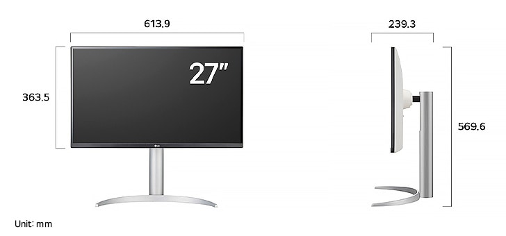 LG Monitor 27UQ850V displaying dimensions, measuring 613.9 mm width, 363.5 mm display height, 569.6 mm total height, and 239.3 mm depth.