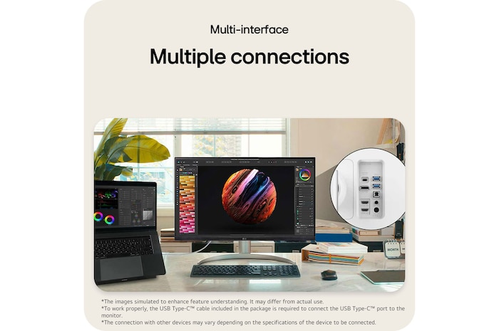 LG Monitor 27UQ850V, featuring USB-C and multi-interface connectivity, provides a hub function for connecting multiple professional devices to the monitor.