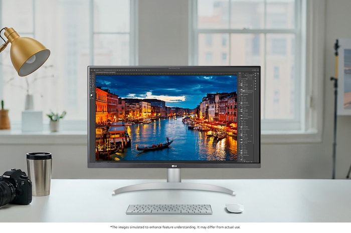 The LG Monitor 27UQ850V in a silver/black finish, featuring 4K UHD and Nano IPS Black picture quality, is shown handling professional photo editing in a bright studio setting.