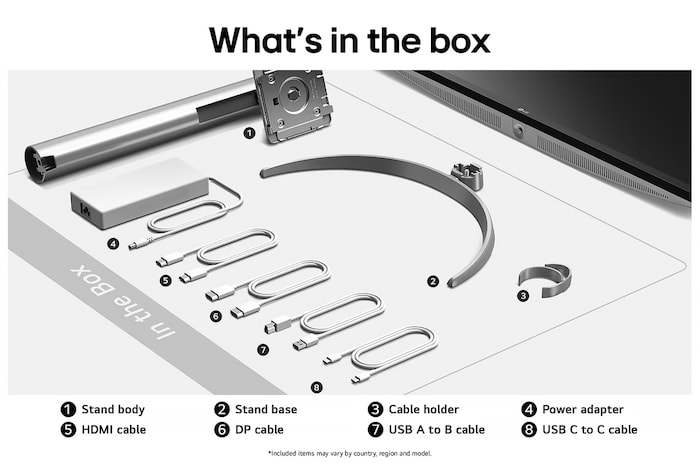 LG Monitor 27UQ850V showing an overview of all included components, including the monitor body, stand parts, manual, and USB-C, DP, HDMI, and USB A-B cables.