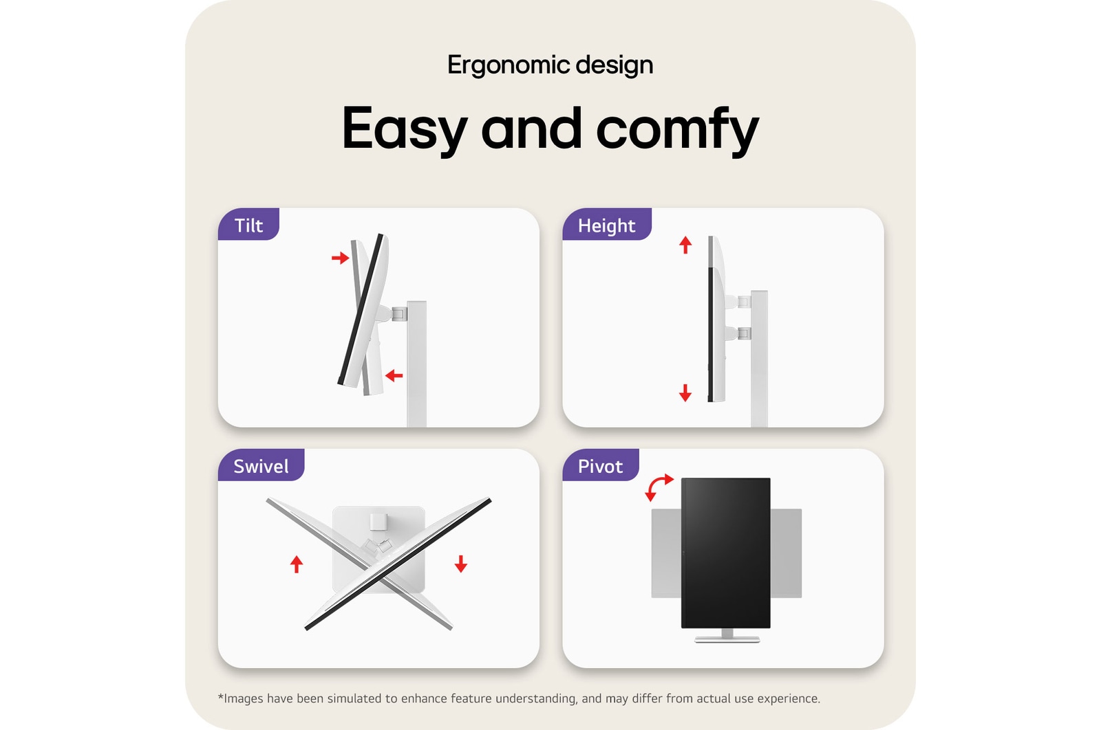 LG Monitor 27US550 showcasing the ergonomic design with features including Tilt, Height adjustment, Swivel, and Pivot rotation for simple and comfortable use.