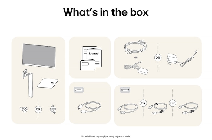 LG Monitor 27US550 showing an overview of all included components, including the monitor body, stand parts, manual, power adapter, and HDMI and DP cables.