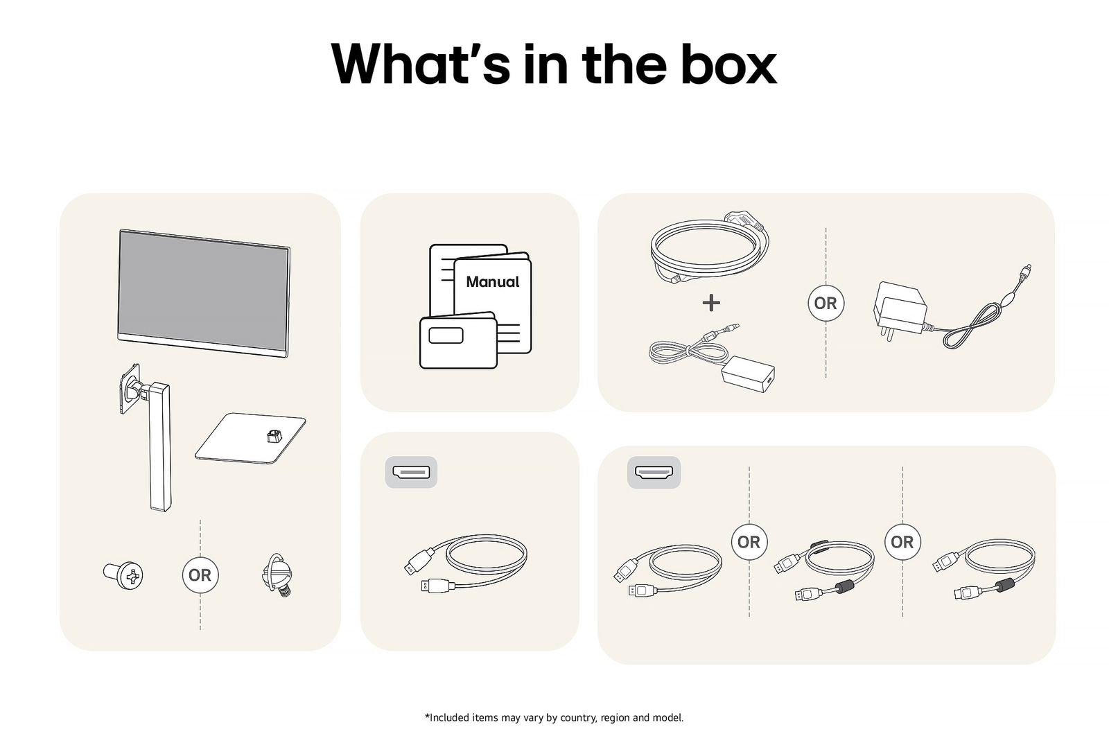 LG Monitor 27US550 showing an overview of all included components, including the monitor body, stand parts, manual, power adapter, and HDMI and DP cables.