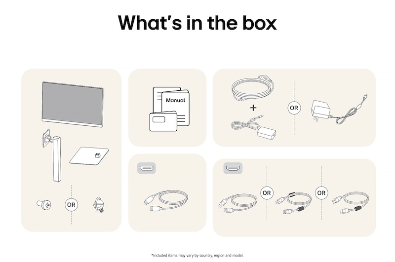 LG Monitor 27US550 showing an overview of all included components, including the monitor body, stand parts, manual, power adapter, and HDMI and DP cables.