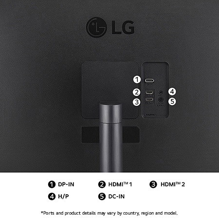 Rear view of the LG Monitor 32UR500K in a matte black finish, showcasing dual HDMI and a DP-IN port for video connectivity.