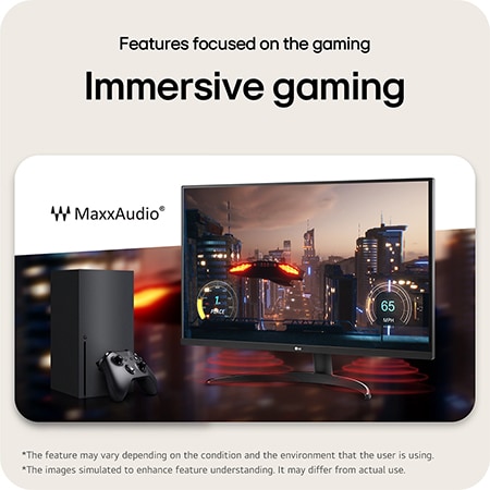 LG Monitor 32UR500K features MaxxAudio® technology, delivering an immersive gaming experience with rich sound in a console gaming setup.