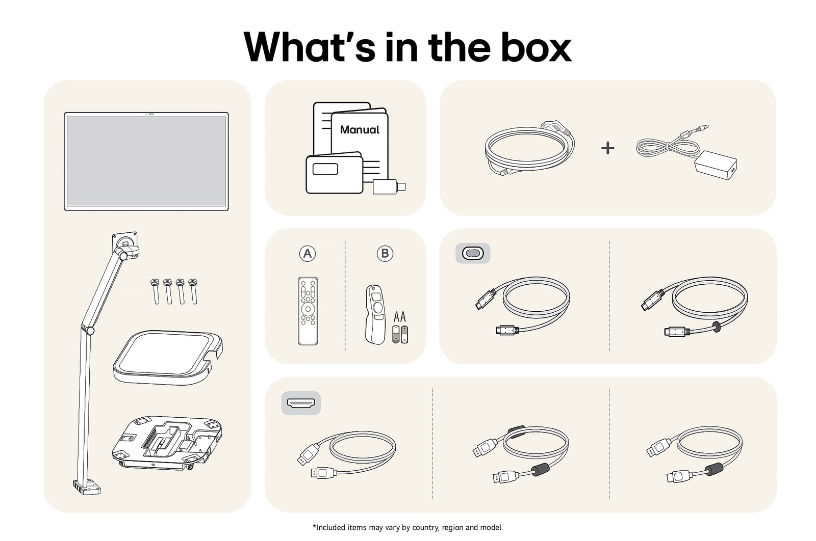 LG Monitor 32U889SA-W showing an overview of all included components, including the monitor body, ergonomic stand parts, manual, remote control, and HDMI, DP, and USB-C cables.