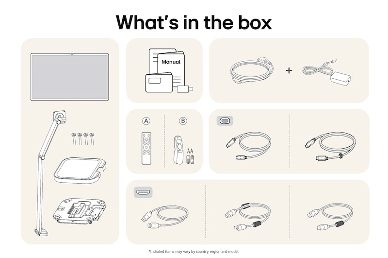 LG Monitor 32U889SA-W showing an overview of all included components, including the monitor body, ergonomic stand parts, manual, remote control, and HDMI, DP, and USB-C cables.