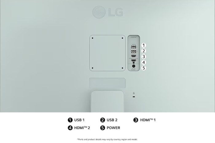 Rear view of the LG Smart Monitor 32SR50F-G in Light Green, illustrating the connection slots, including the Dual HDMI™ ports and two USB ports.