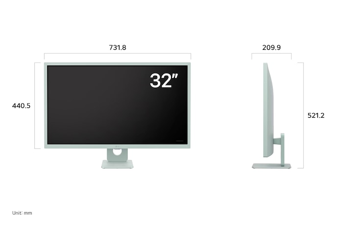 LG Smart Monitor 32SR50F-G displaying product dimensions in front and side profile, measuring 731.8 mm width, 440.5 mm display height, 521.2 mm total height, and 209.9 mm depth.
