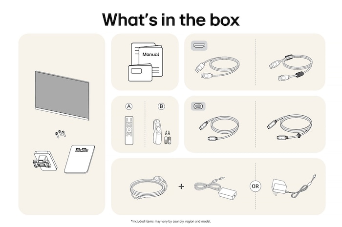 All components included with the LG Smart Monitor 32SR50F-G: Monitor, stand parts, Magic Remote controls, manual, and various connectivity cables.