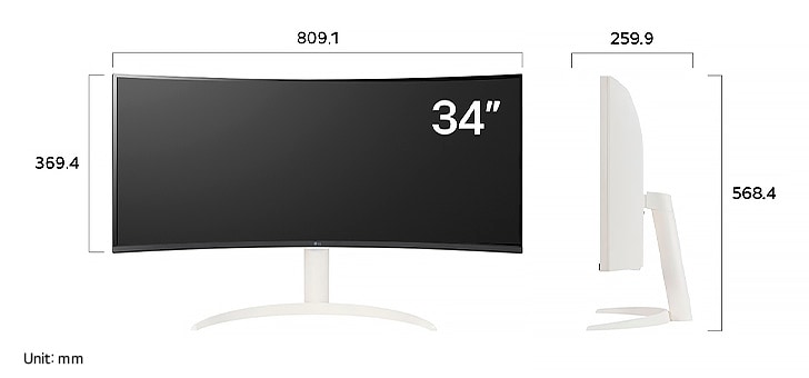 LG Smart Monitor 34SR65QC displaying product dimensions in front and side profile, measuring 809.1 mm width, 369.4 mm display height, 568.4 mm total height, and 259.9 mm depth.