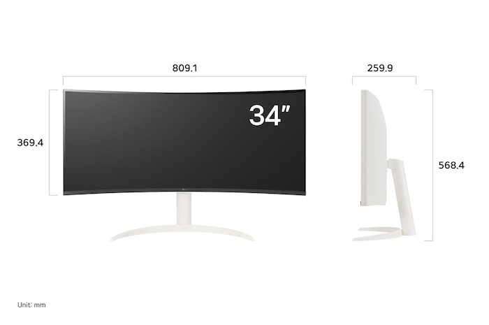 LG Smart Monitor 34SR65QC displaying product dimensions in front and side profile, measuring 809.1 mm width, 369.4 mm display height, 568.4 mm total height, and 259.9 mm depth.