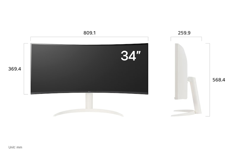 LG Smart Monitor 34SR65QC displaying product dimensions in front and side profile, measuring 809.1 mm width, 369.4 mm display height, 568.4 mm total height, and 259.9 mm depth.