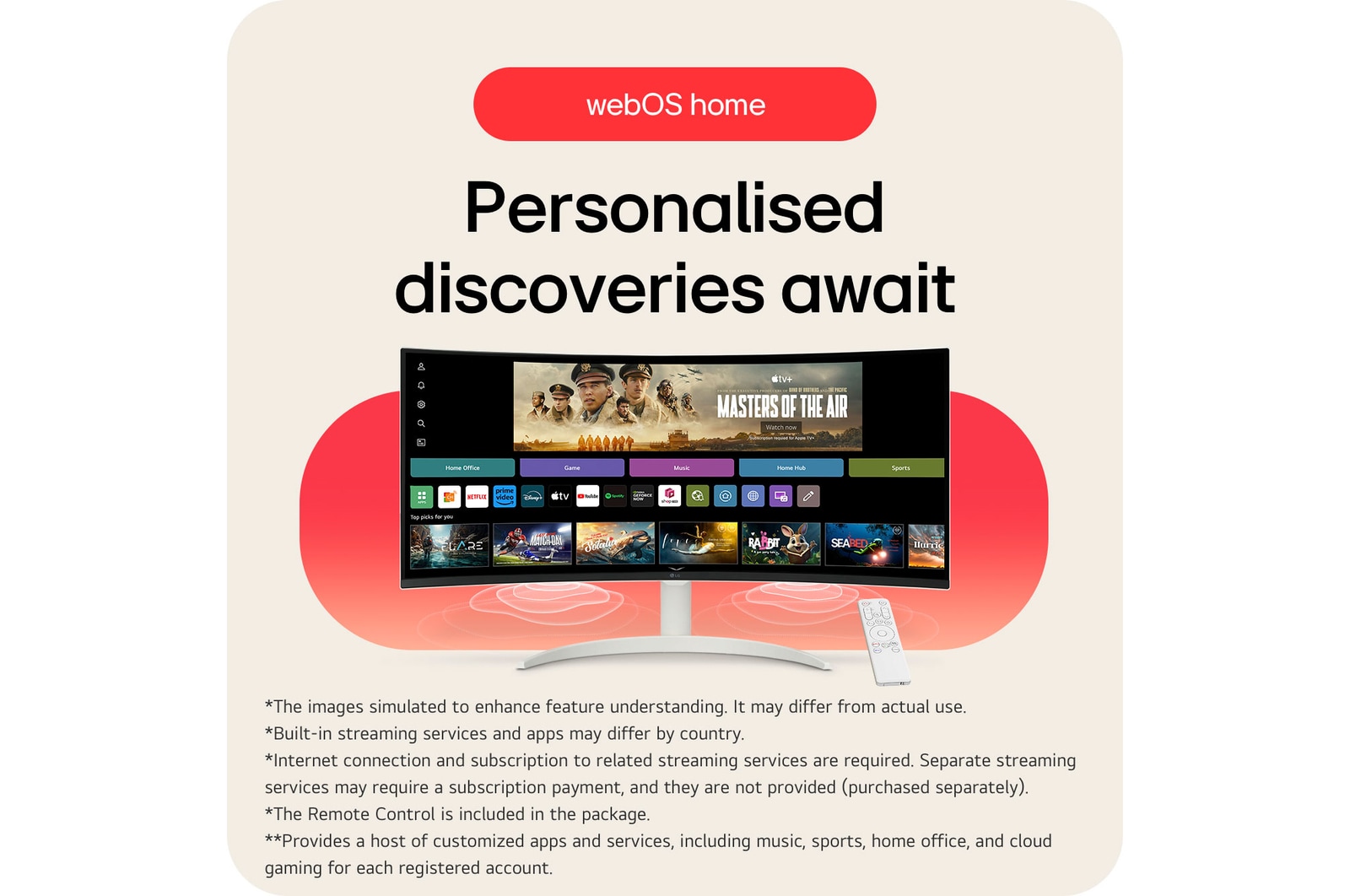 The LG Smart Monitor 34SR65QC with a personalised webOS home screen, enabling easy access to all streaming services and apps.