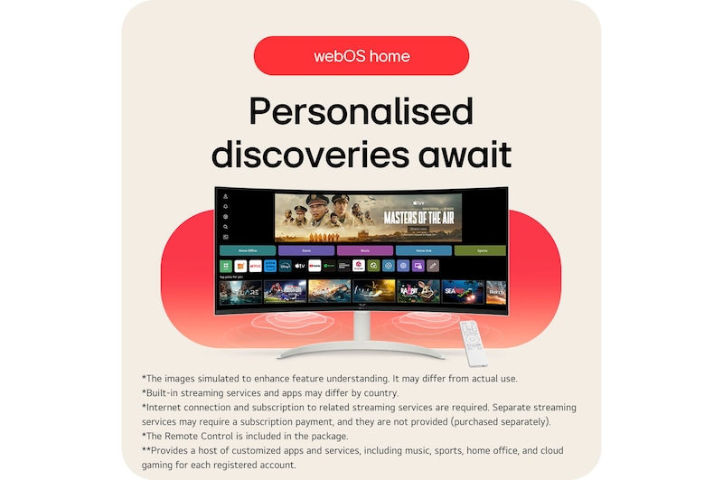 The LG Smart Monitor 34SR65QC with a personalised webOS home screen, enabling easy access to all streaming services and apps.