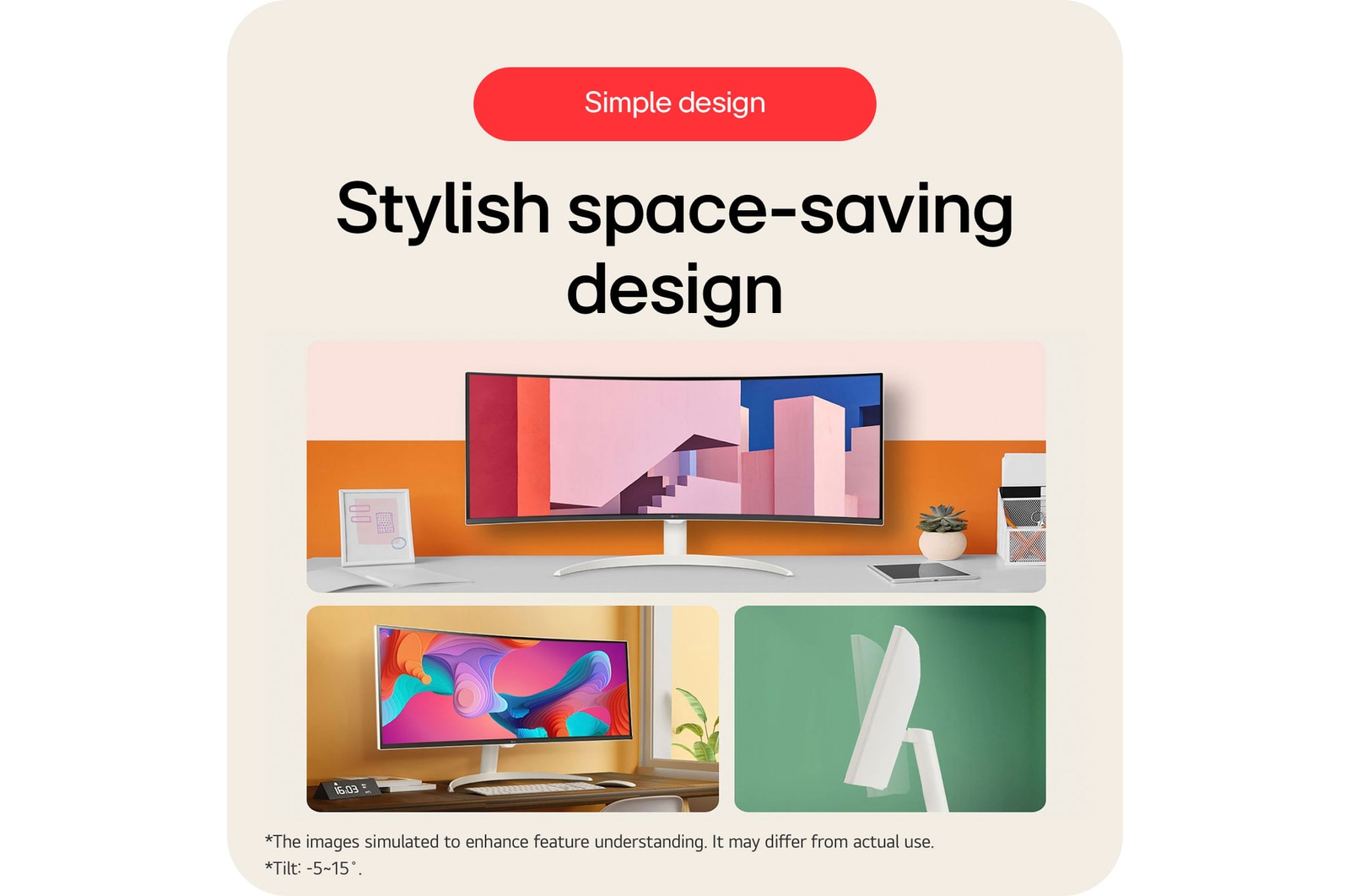 The LG Smart Monitor 34SR65QC features a simple and stylish space-saving design with adjustable tilt functionality.