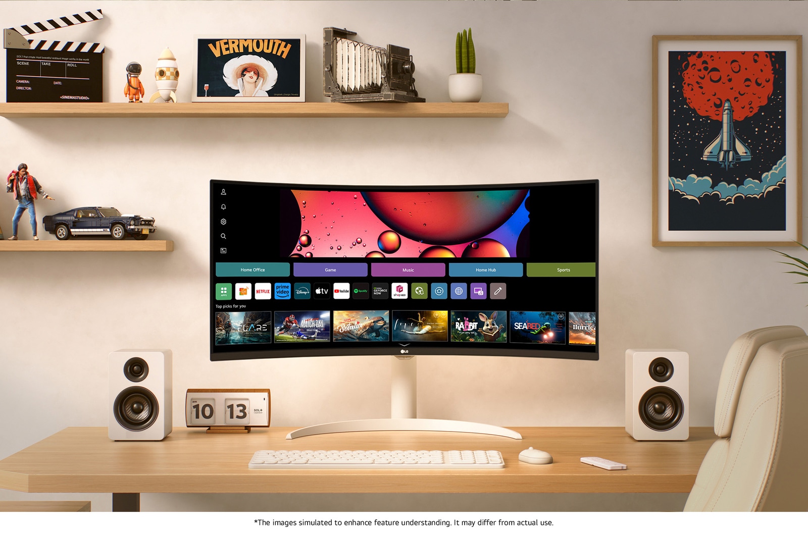 The LG Smart Monitor 34SR65QC in White displays the webOS Home Hub, seamlessly integrated into a desk setup for entertainment and streaming.