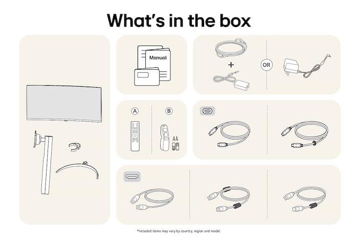 All components included with the LG Smart Monitor 34SR65QC: Monitor, stand parts, Magic Remote controls, manual, and various connectivity cables.
