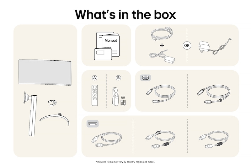 All components included with the LG Smart Monitor 34SR65QC: Monitor, stand parts, Magic Remote controls, manual, and various connectivity cables.