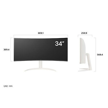 LG Smart Monitor 34SR65QC displaying product dimensions in front and side profile, measuring 809.1 mm width, 369.4 mm display height, 568.4 mm total height, and 259.9 mm depth.