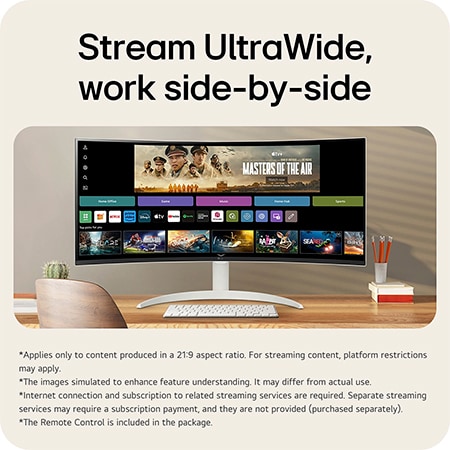 The LG Smart Monitor 34SR65QC with an UltraWide 21:9 screen, ideal for immersive streaming and efficient side-by-side multitasking.