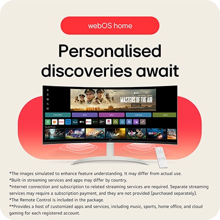 The LG Smart Monitor 34SR65QC with a personalised webOS home screen, enabling easy access to all streaming services and apps.