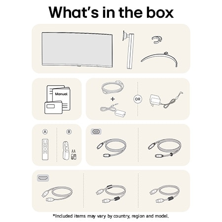 All components included with the LG Smart Monitor 34SR65QC: Monitor, stand parts, Magic Remote controls, manual, and various connectivity cables.