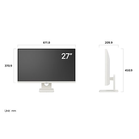 LG Monitor 27U511SA in a white finish displaying dimensions, measuring 611.8 mm width, 370.9 mm display height, 450.9 mm total height, and 209.9 mm depth.