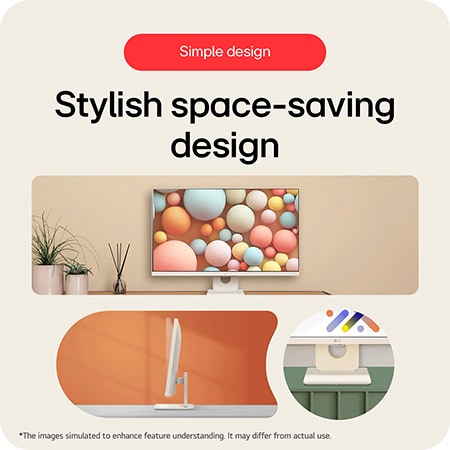 The LG Smart Monitor 27U511SA in a white finish, featuring a space-optimising design and tilt stand (-5° to 15° tilt) for both style and comfort.