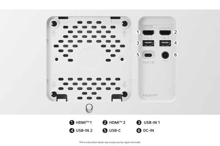 Rear view of the LG Monitor 32U720SA in a white finish, showcasing a USB-C port, dual HDMI, and dual USB-A ports for versatile connectivity.
