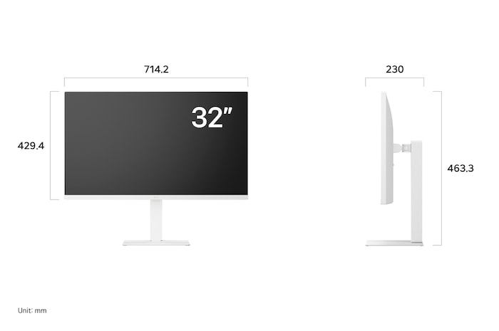 LG Monitor 32U720SA in a white finish displaying dimensions, measuring 714.2 mm width, 429.4 mm display height, 463.3 mm total height, and 230 mm depth.
