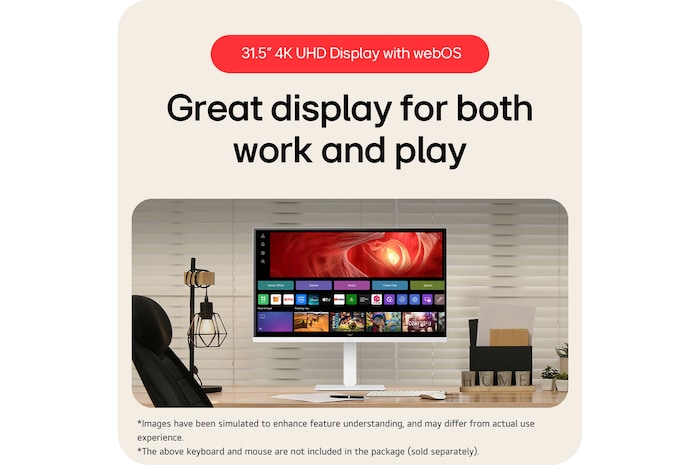 The LG Smart Monitor 32U720SA in a white finish, featuring a 31.5-inch 4K UHD Display and webOS platform, offers a great display for both work and play.