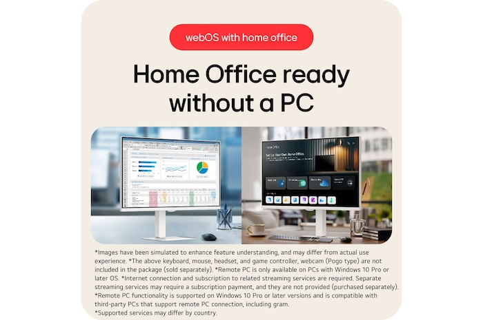 The LG Smart Monitor 32U720SA in a white finish, featuring webOS Home Office, offers PC-less productivity with access to Remote PC and cloud services.