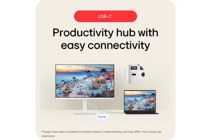 The LG Smart Monitor 32U720SA in a white finish, featuring USB-C with 65W Power Delivery, acts as a productivity hub, charging a laptop and transferring data via a single cable.