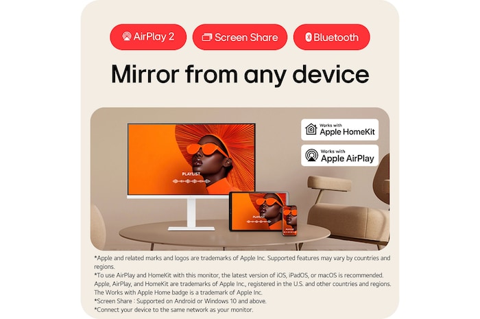 The LG Smart Monitor 32U720SA in a white finish supports AirPlay 2, Screen Share, and Bluetooth, allowing mirroring from any device and compatibility with Apple HomeKit.