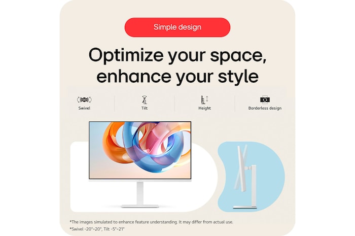 The LG Smart Monitor 32U720SA in a white finish, featuring an ergonomic stand, offers 90∘ Pivot, 150 mm Height, ±20∘ Swivel, and ±21∘ Tilt for ideal viewing.