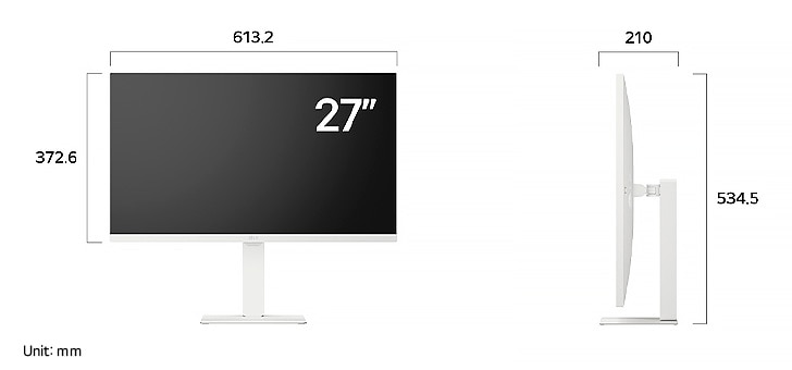 LG Monitor 27U730SA-W in white, showing detailed front and side dimension information for the 27-inch high-resolution IPS display