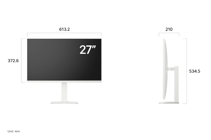 LG Monitor 27U730SA-W in white, showing detailed front and side dimension information for the 27-inch high-resolution IPS display