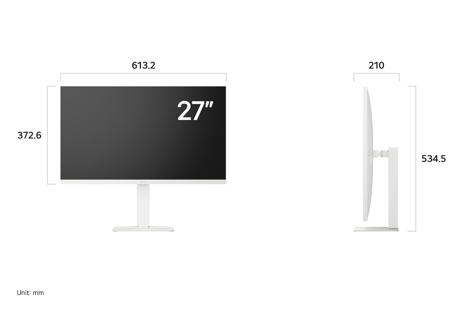LG Monitor 27U730SA-W in white, showing detailed front and side dimension information for the 27-inch high-resolution IPS display
