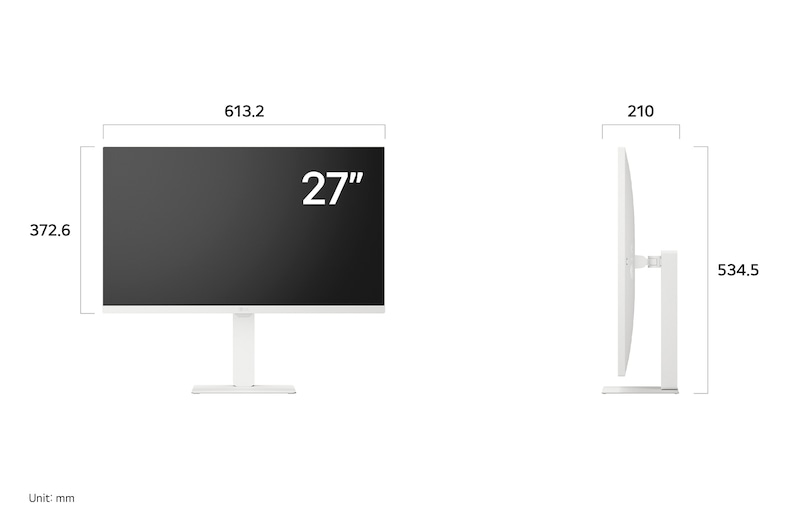 LG Monitor 27U730SA-W in white, showing detailed front and side dimension information for the 27-inch high-resolution IPS display