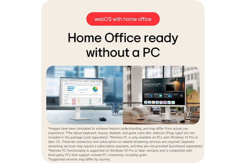 The LG Smart Monitor 27U730SA-W in a white finish, featuring webOS Home Office, offers PC-less productivity with access to Remote PC and cloud services.