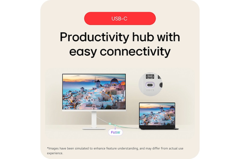 The LG Smart Monitor 27U730SA-W in a white finish, featuring USB-C with 65W Power Delivery, acts as a productivity hub, charging a laptop and transferring data via a single cable.