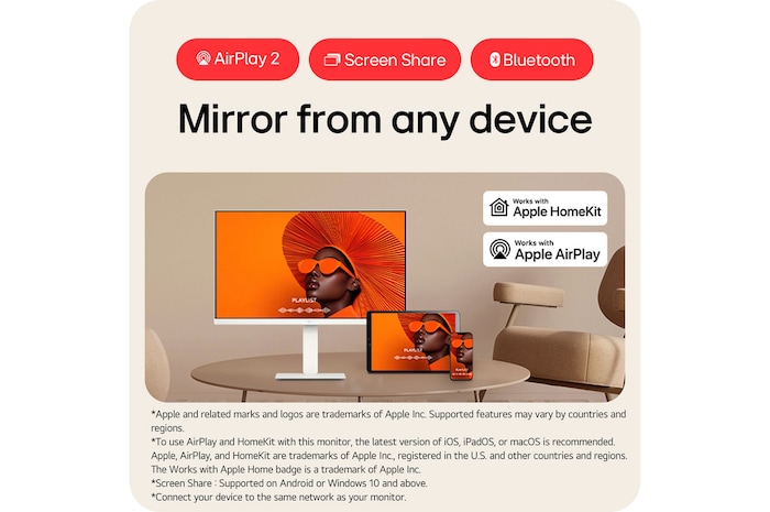  The LG Smart Monitor 27U730SA-W in a white finish supports AirPlay 2, Screen Share, and Bluetooth, allowing mirroring from any device and compatibility with Apple HomeKit.