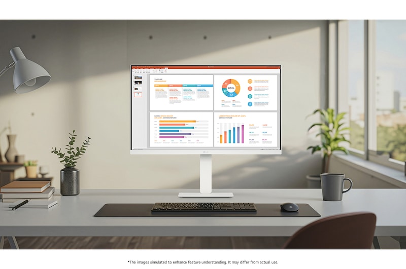 The LG Smart Monitor 27U730SA-W in a white finish, featuring 4K UHD resolution, clearly displays a data dashboard in a minimalist home office setting to boost productivity.