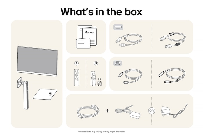  The LG Monitor 27U730SA-W in a white finish showing an overview of all included components, including the monitor body, stand parts, manual, two remote controls, USB-C, and HDMI cables.