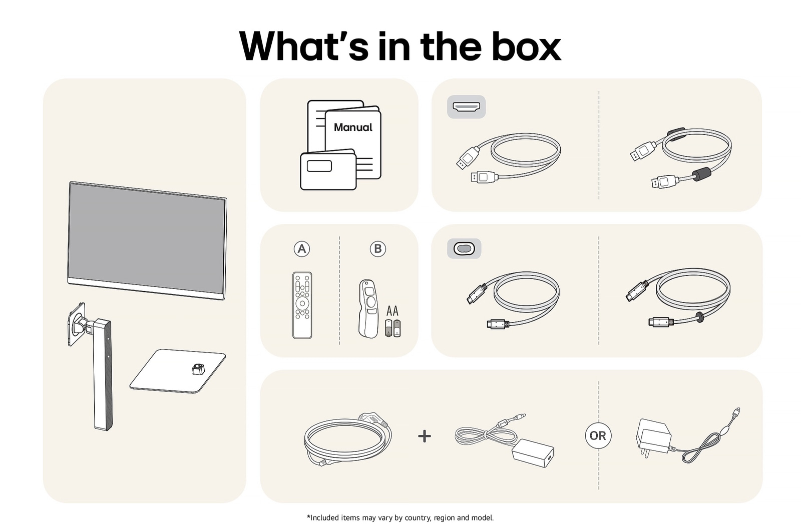  The LG Monitor 27U730SA-W in a white finish showing an overview of all included components, including the monitor body, stand parts, manual, two remote controls, USB-C, and HDMI cables.