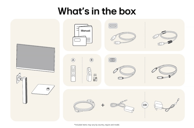  The LG Monitor 27U730SA-W in a white finish showing an overview of all included components, including the monitor body, stand parts, manual, two remote controls, USB-C, and HDMI cables.