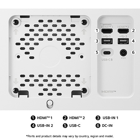 Rear view of the LG Monitor 27U730SA-W in a white finish, showcasing a USB-C port, dual HDMI, and dual USB-A ports for versatile connectivity.